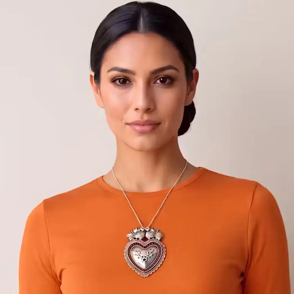 Oaxacan Silver filigree heart pendant with coral -pure