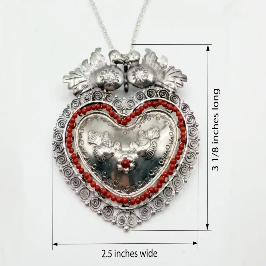 Oaxacan Silver filigree heart pendant with coral -pure
