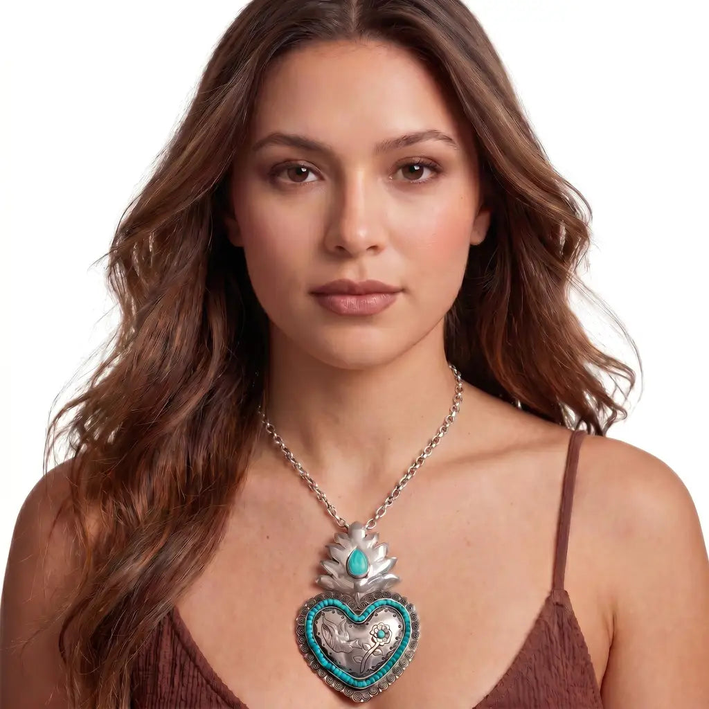 Oaxacan Silver filigree heart pendant with turquoise