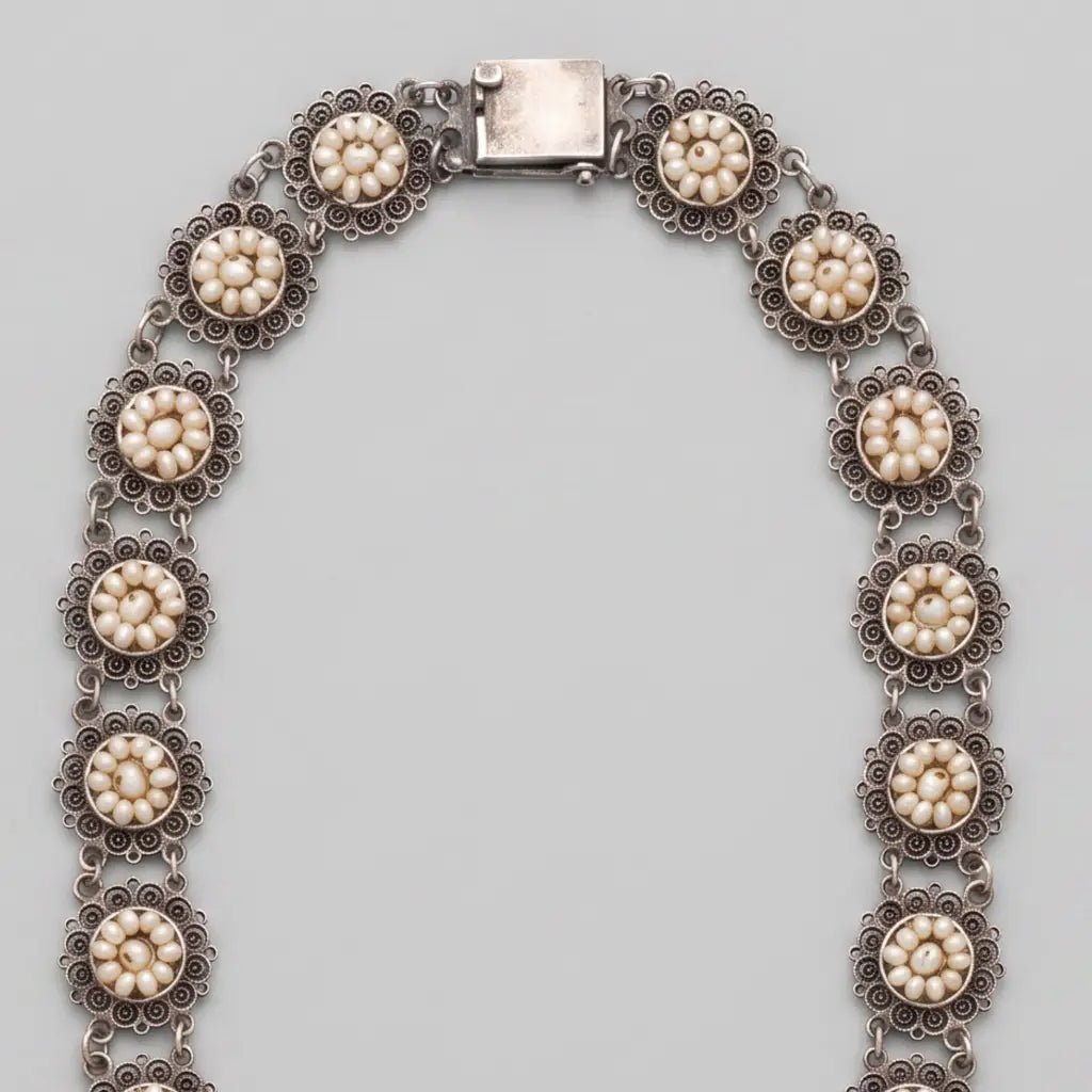 Oaxacan Silver Filigree Necklace with Pearls, Antique