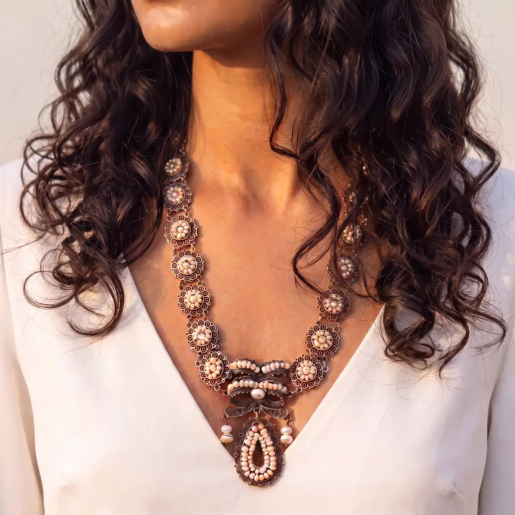 Oaxacan Silver Filigree Necklace with Pearls, Antique