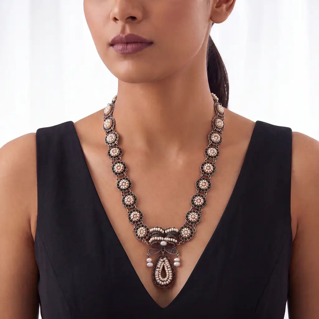 Oaxacan Silver Filigree Necklace with Pearls, Antique