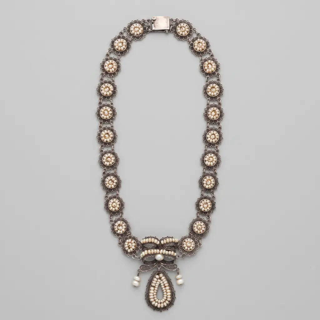 Oaxacan Silver Filigree Necklace with Pearls, Antique