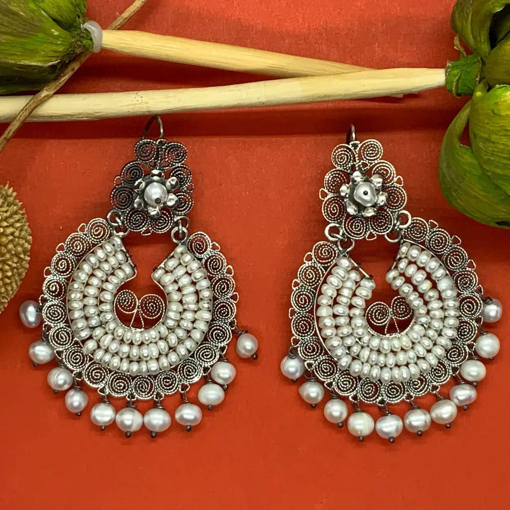 Oaxacan silver filigree statement earrings with pearls