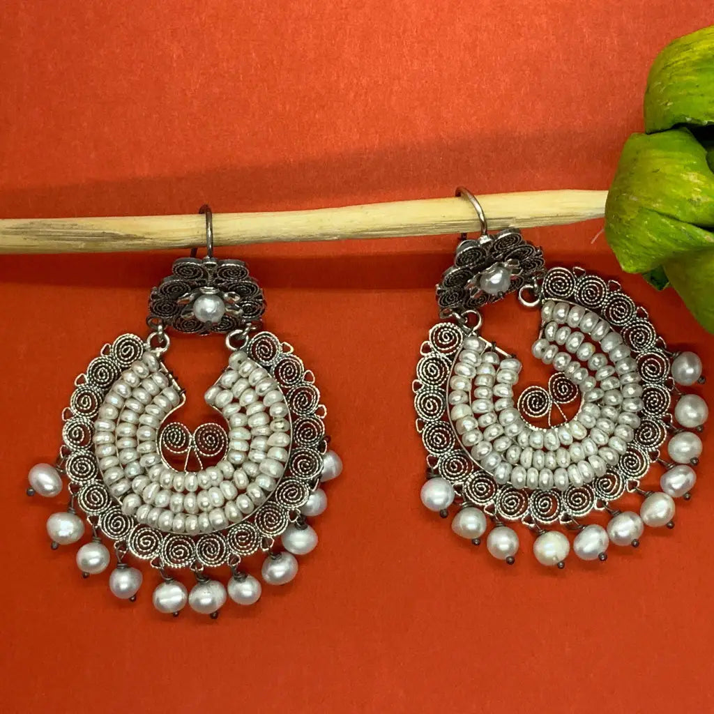 Oaxacan silver filigree statement earrings with pearls