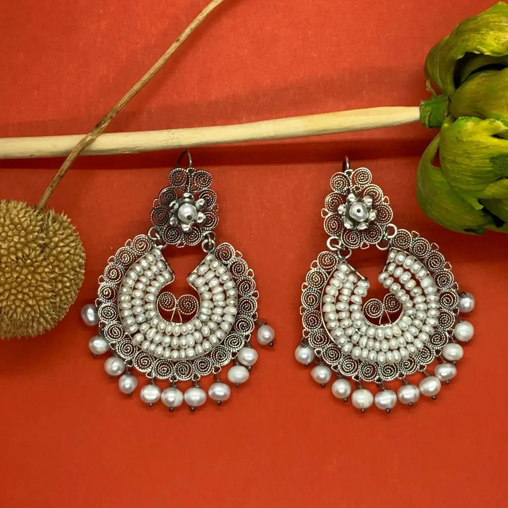 Oaxacan silver filigree statement earrings with pearls