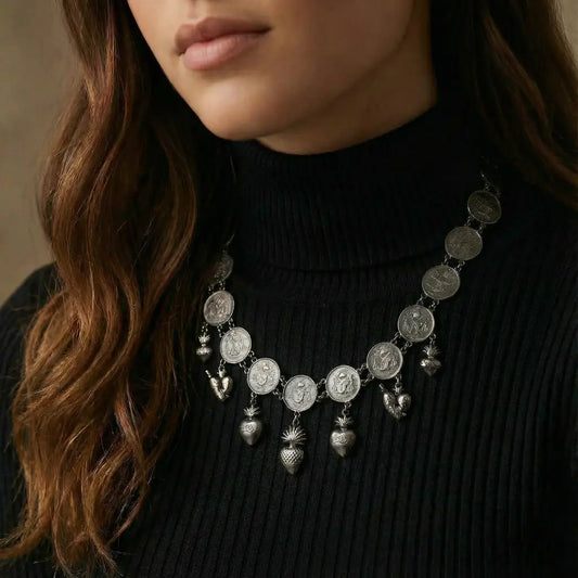 Oaxacan vintage Silver coin necklace circa 1950 - antique