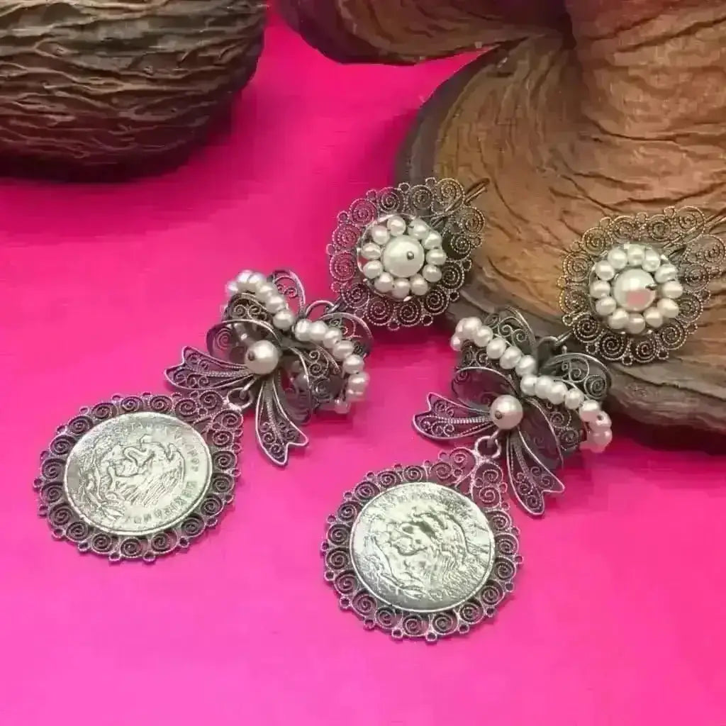 Oaxacan vintage Silver filigree earrings with pearls