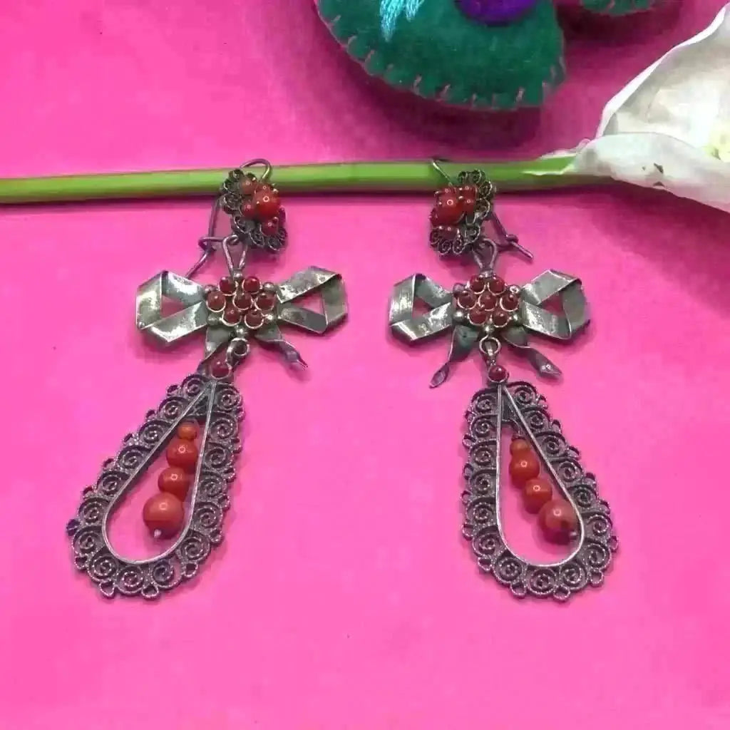 Oaxacan vintage Silver filigree earrings with coral circa