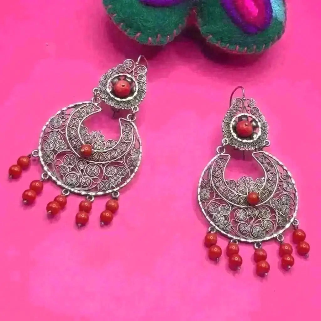 Oaxacan vintage Silver filigree earrings with coral circa