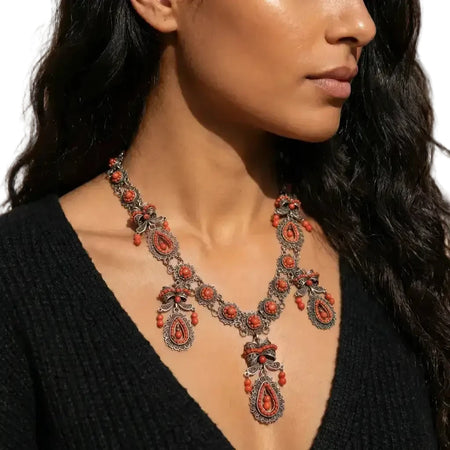 Oaxacan vintage Silver filigree necklace with Coral circa