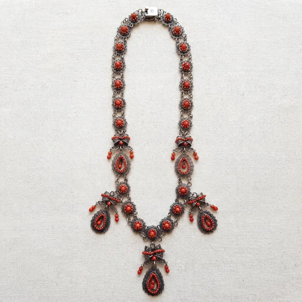 Vintage Oaxacan Silver Filigree Necklace with Coral,