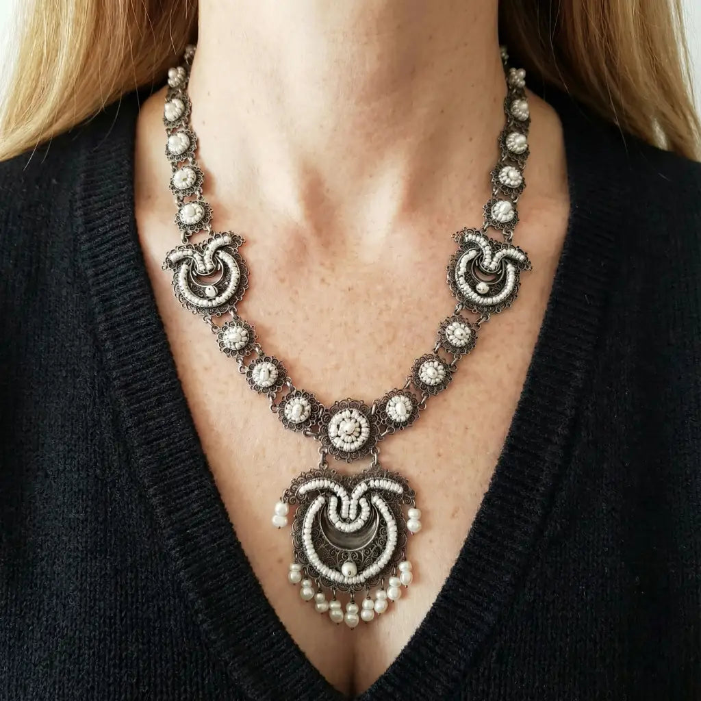 Vintage Oaxacan Silver Filigree Necklace with Pearls,