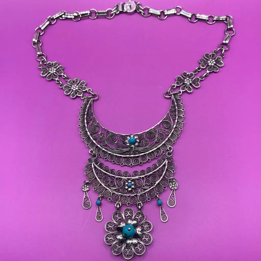 Oaxacan vintage Silver filigree necklace with turquoise