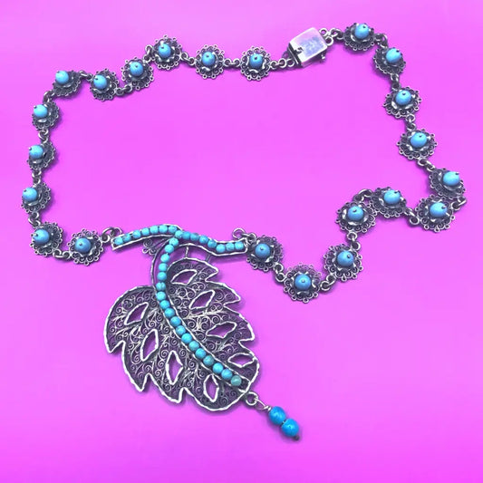 Oaxacan vintage Silver filigree necklace with turquoise