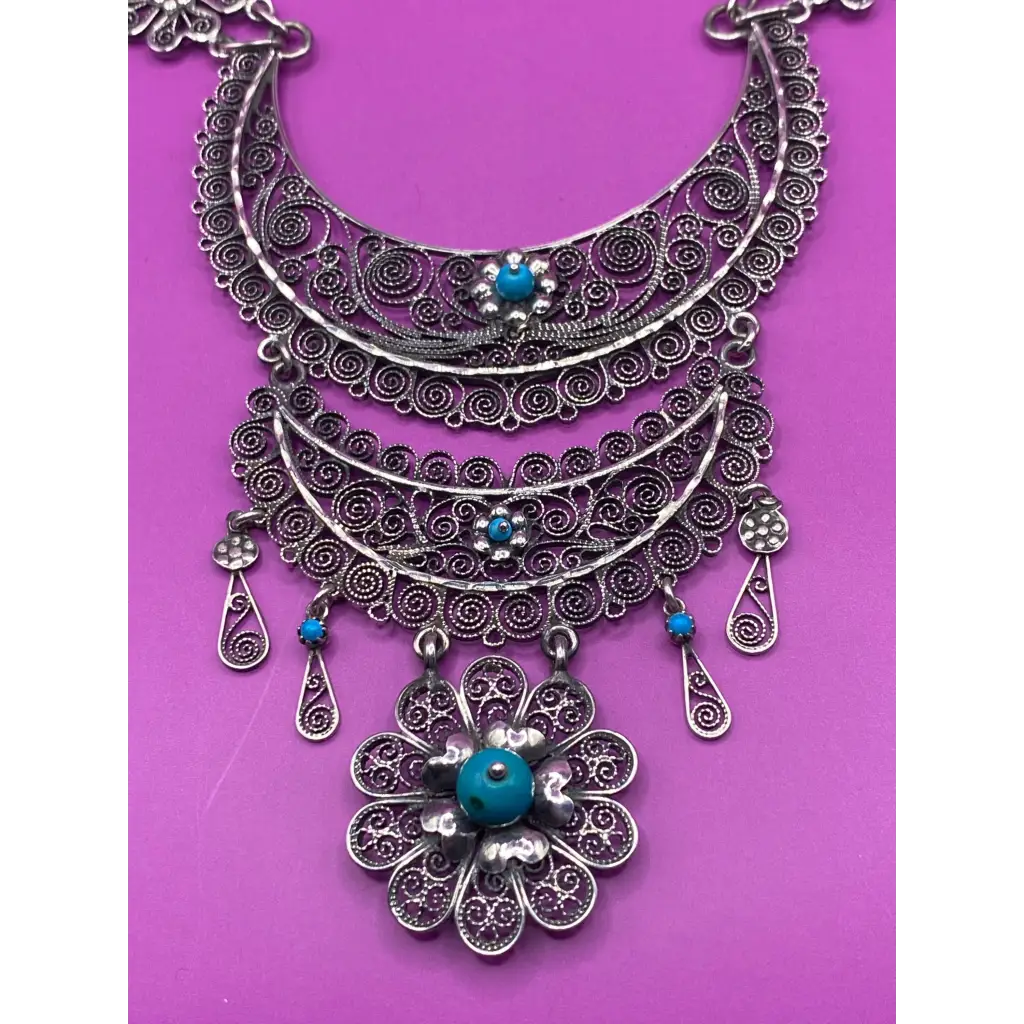 Oaxacan vintage Silver filigree necklace with turquoise