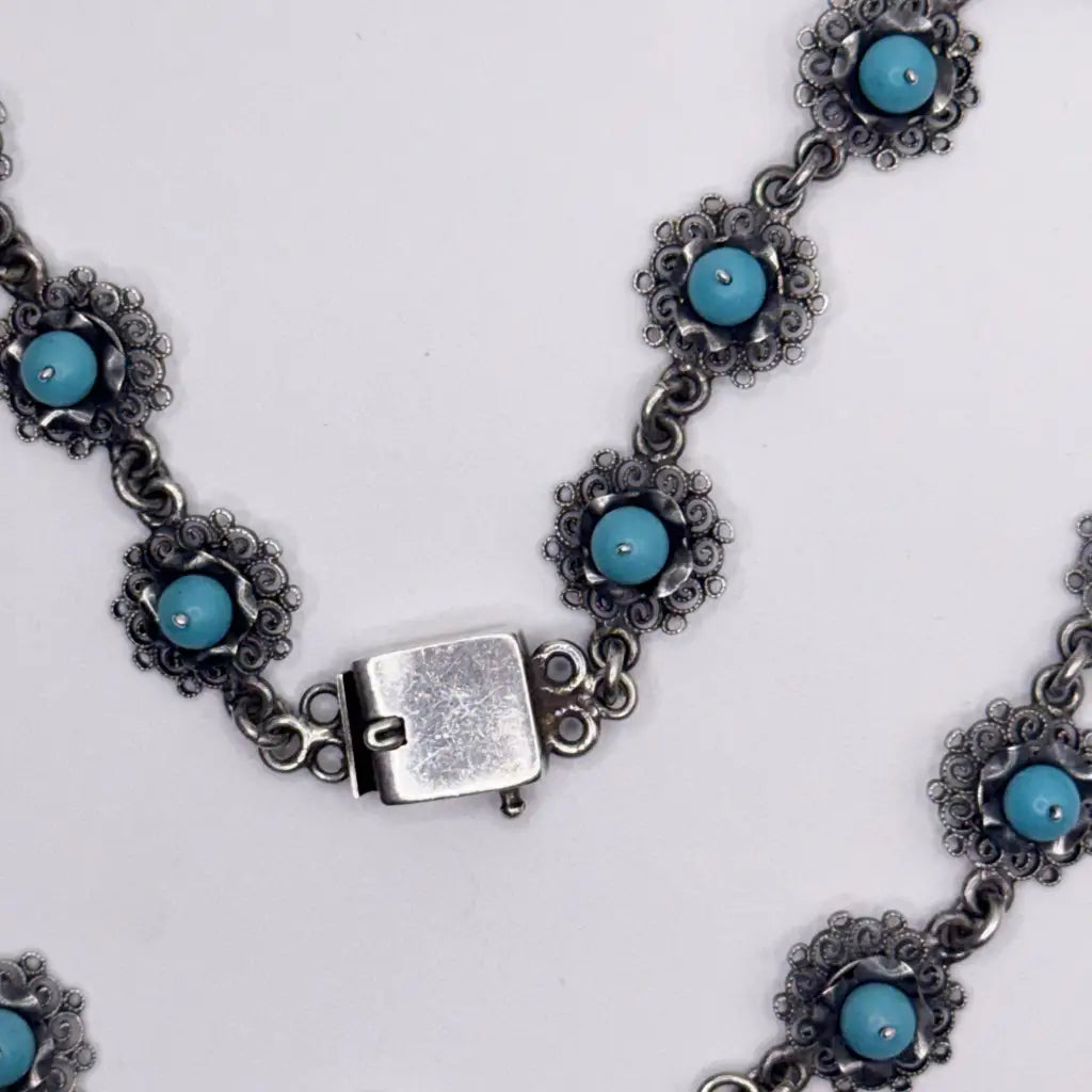 Vintage Oaxacan Silver Filigree Necklace with Turquoise,