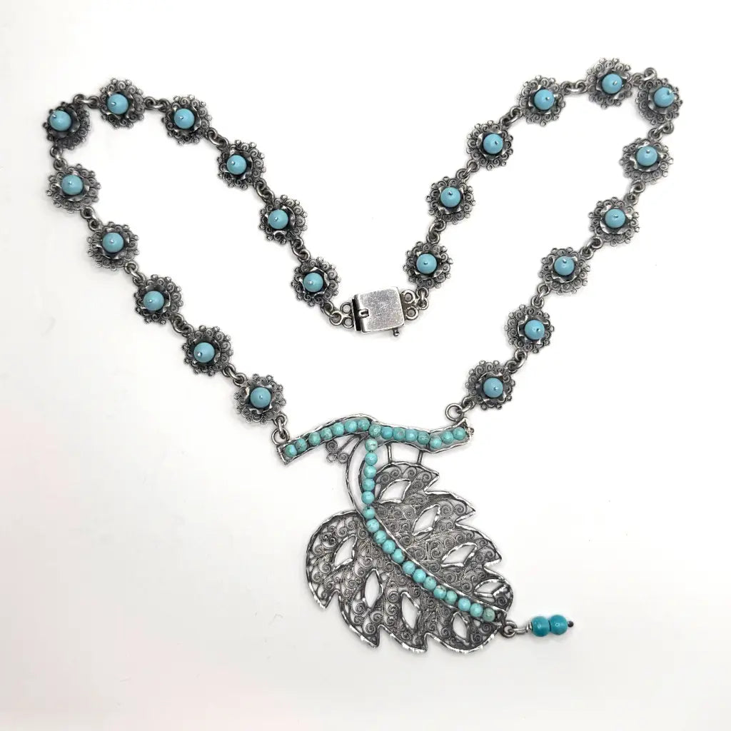 Vintage Oaxacan Silver Filigree Necklace with Turquoise,