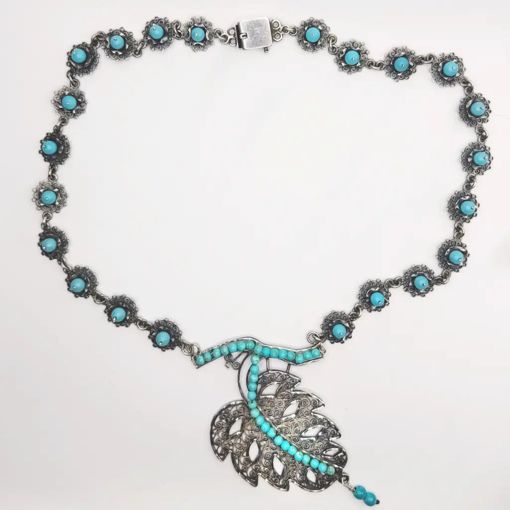 Vintage Oaxacan Silver Filigree Necklace with Turquoise,