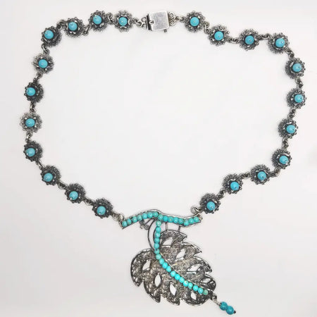 Oaxacan vintage Silver filigree necklace with turquoise
