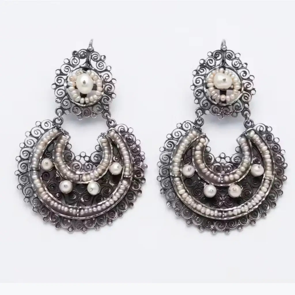 Ornate Oaxacan silver filigree earrings with pearls