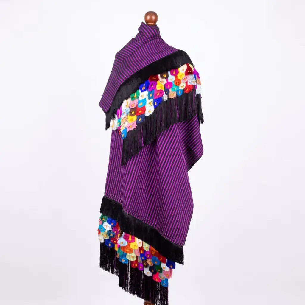 Pink black Purepecha Rebozo with fringe from Michoacán