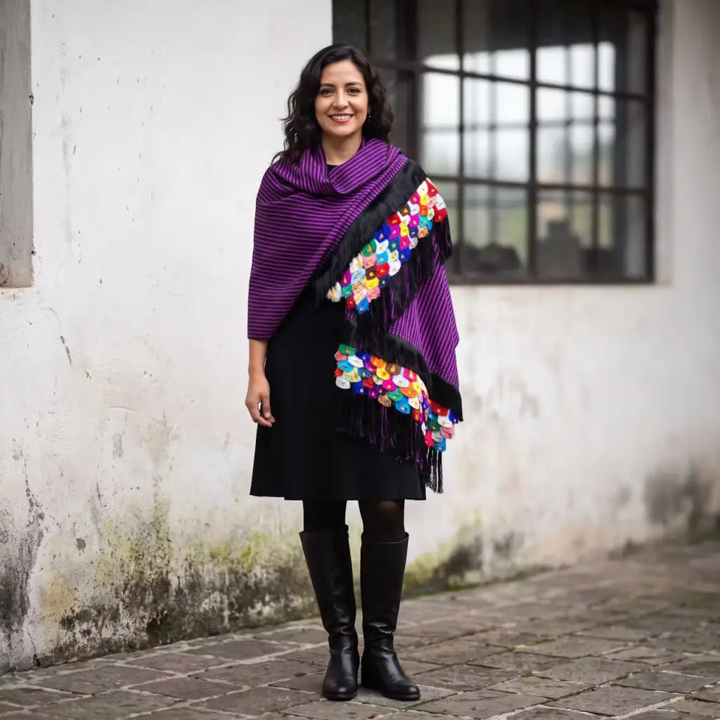 Pink black Purepecha Rebozo with fringe from Michoacán