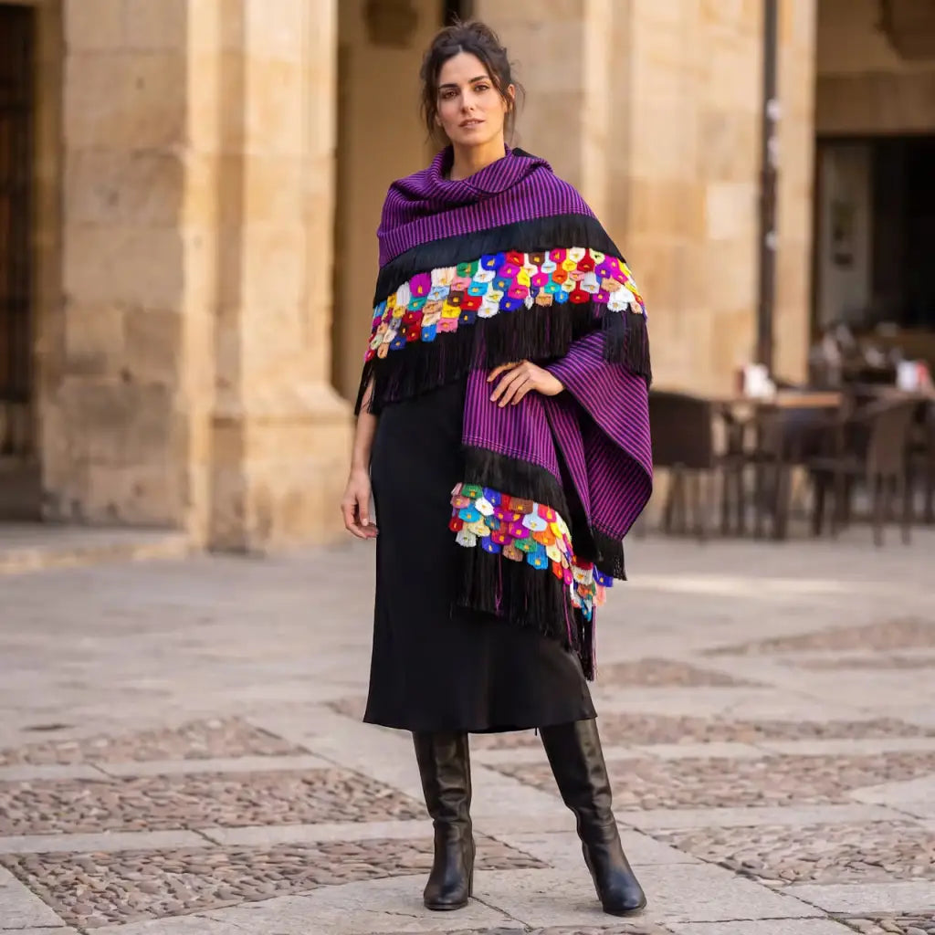 Pink black Purepecha Rebozo with fringe from Michoacán