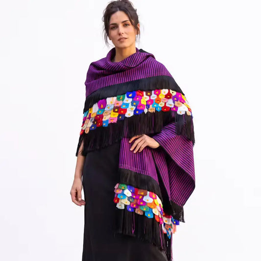 Pink black Purepecha Rebozo with fringe from Michoacán