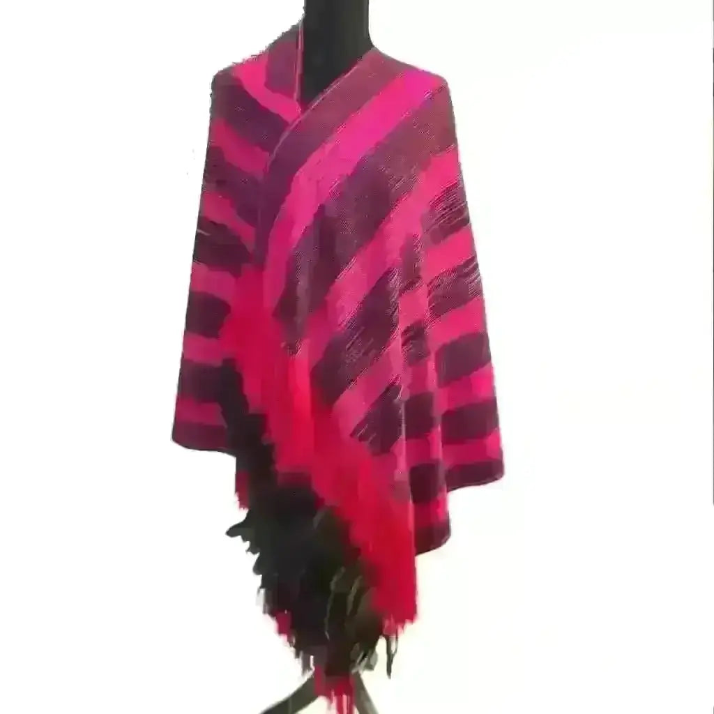Pink/black stripe Purepecha rebozo with fringe and feather