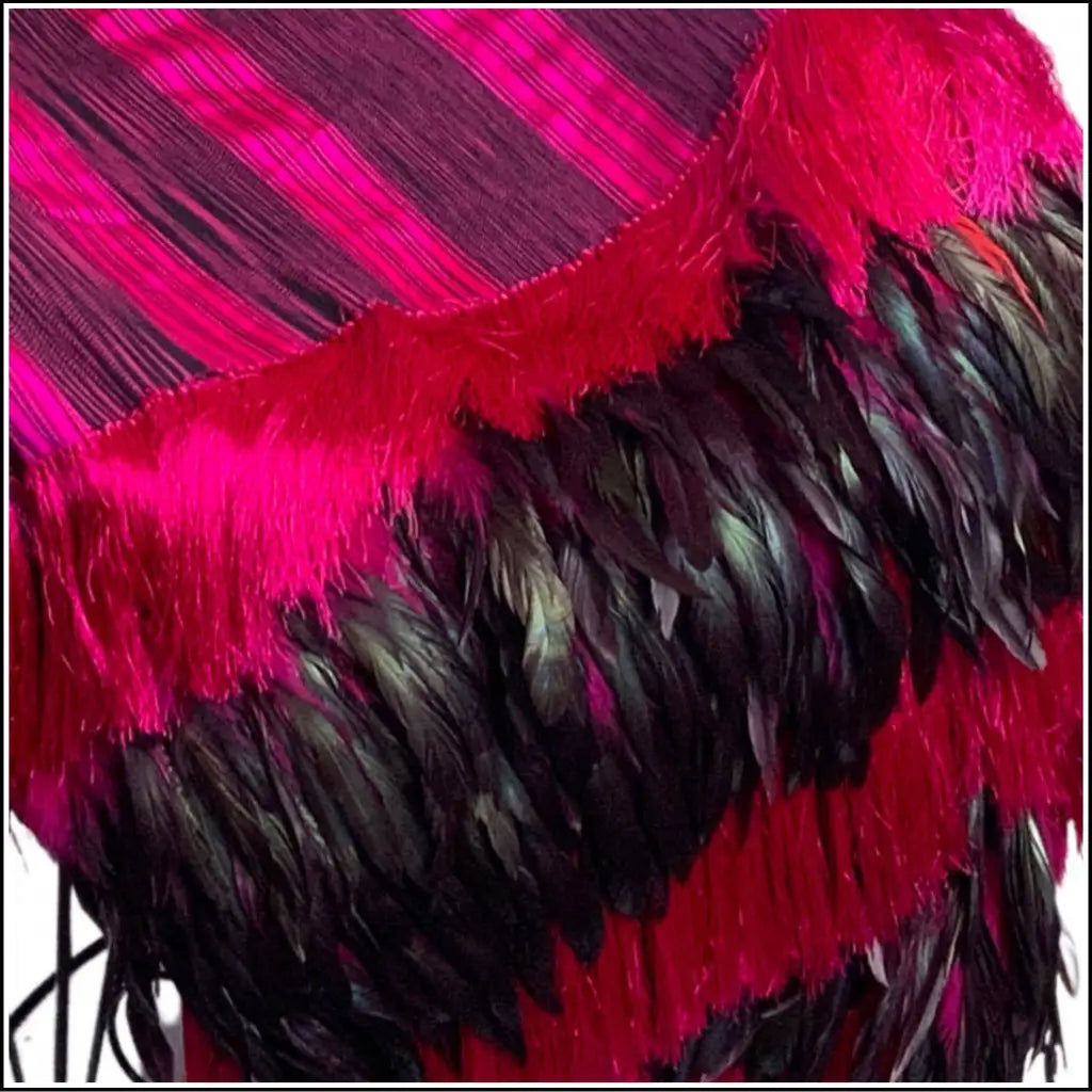 Pink/black stripe Purepecha rebozo with fringe and feather