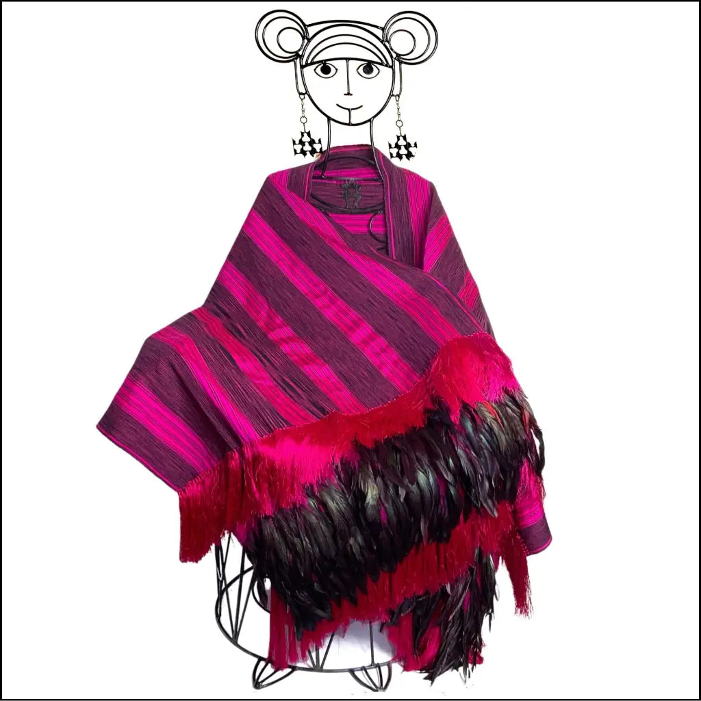 Pink/black stripe Purepecha rebozo with fringe and feather