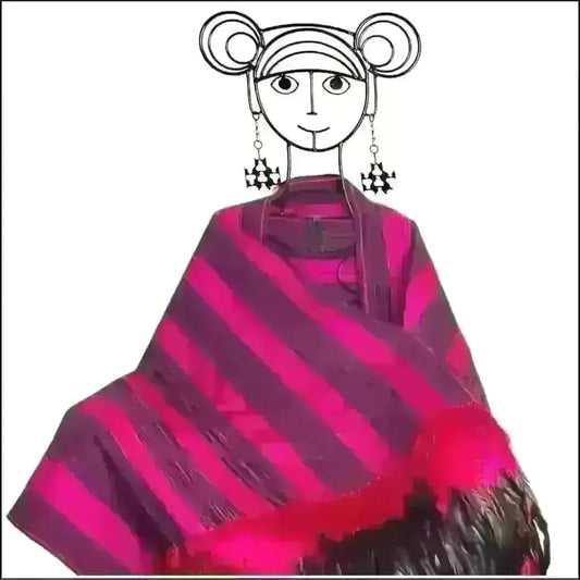 Pink/black stripe Purepecha rebozo with fringe and feather