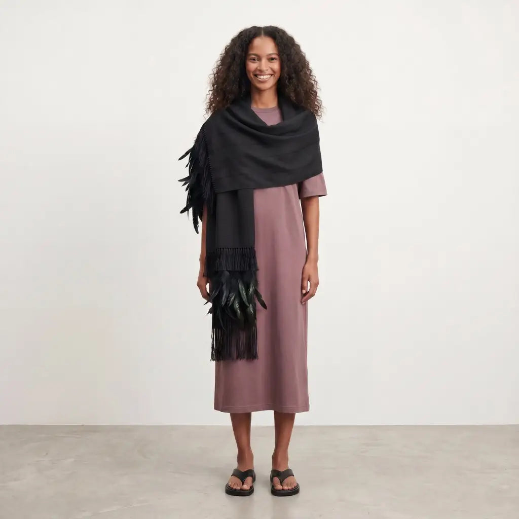 Purepecha rebozo with fringe and feathers-black - Shawl
