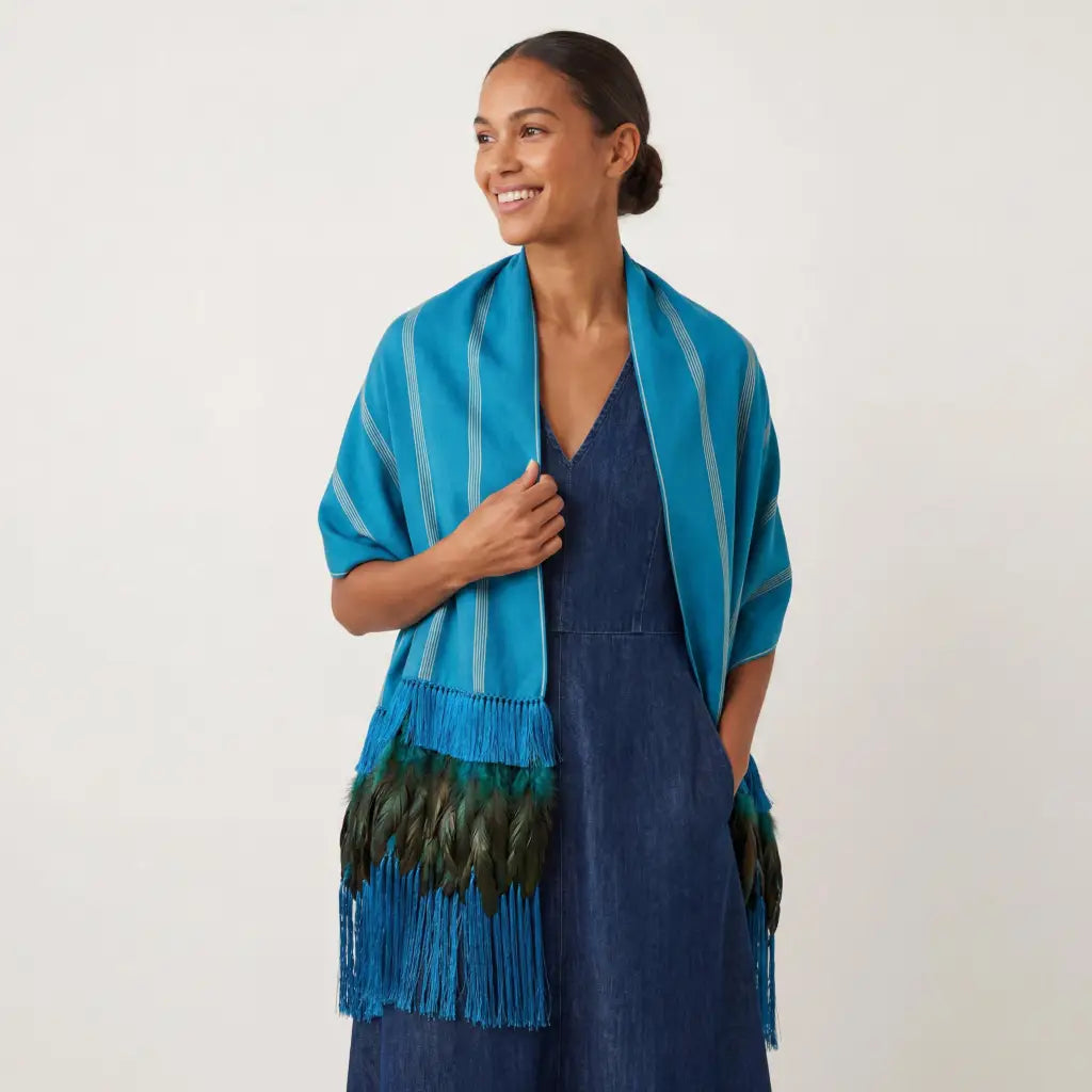 Purepecha Rebozo Shawl Blue, Handwoven Cotton with Silk