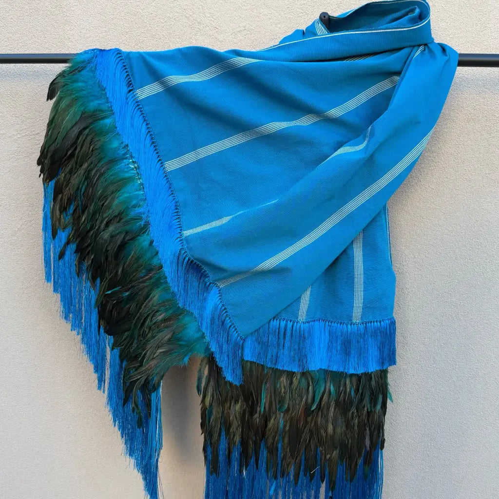 Purepecha Rebozo Shawl Blue, Handwoven Cotton with Silk