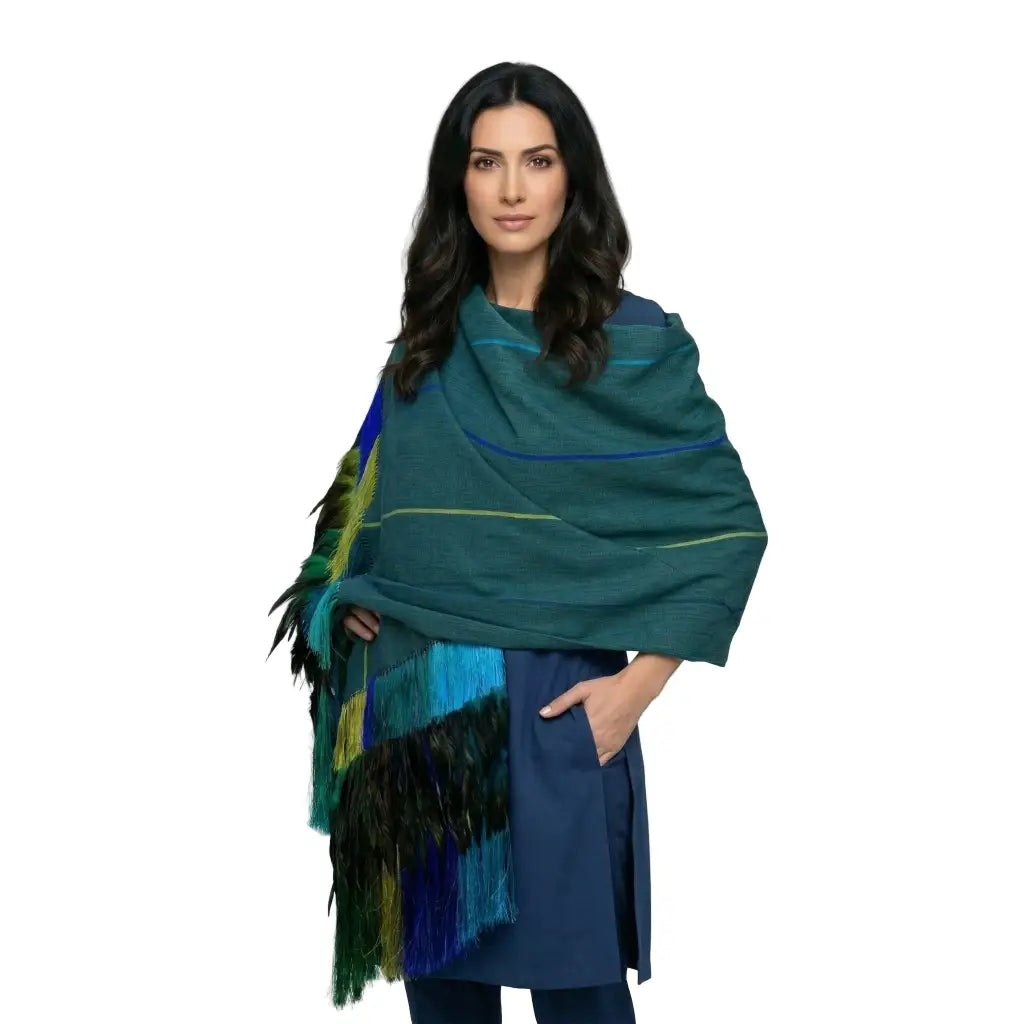 Purepecha Rebozo with Blue & Yellow Stripes, Silk Fringe