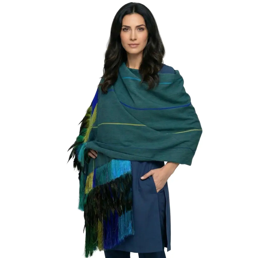 Purepecha Rebozo with Blue & Yellow Stripes, Silk Fringe