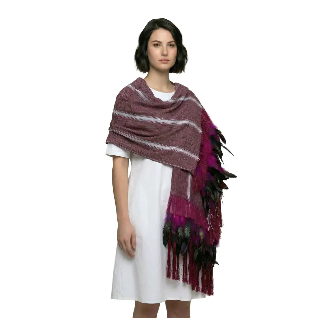 Purepecha Rebozo Shawl Burgundy Red, Handwoven Cotton