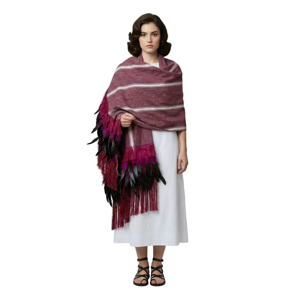 Purepecha Rebozo Shawl Burgundy Red, Handwoven Cotton