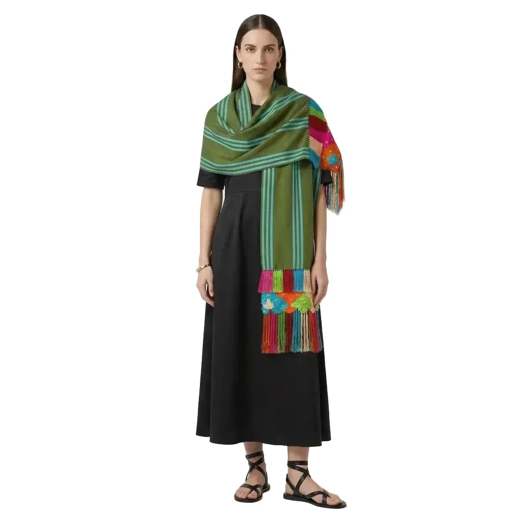 Purepecha Rebozo Shawl Green Multi-Color Stripes, Handwoven