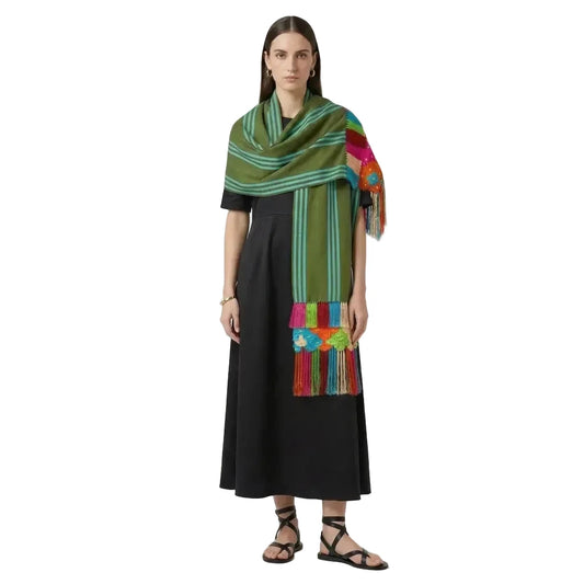 Purepecha rebozo with fringe green multi color