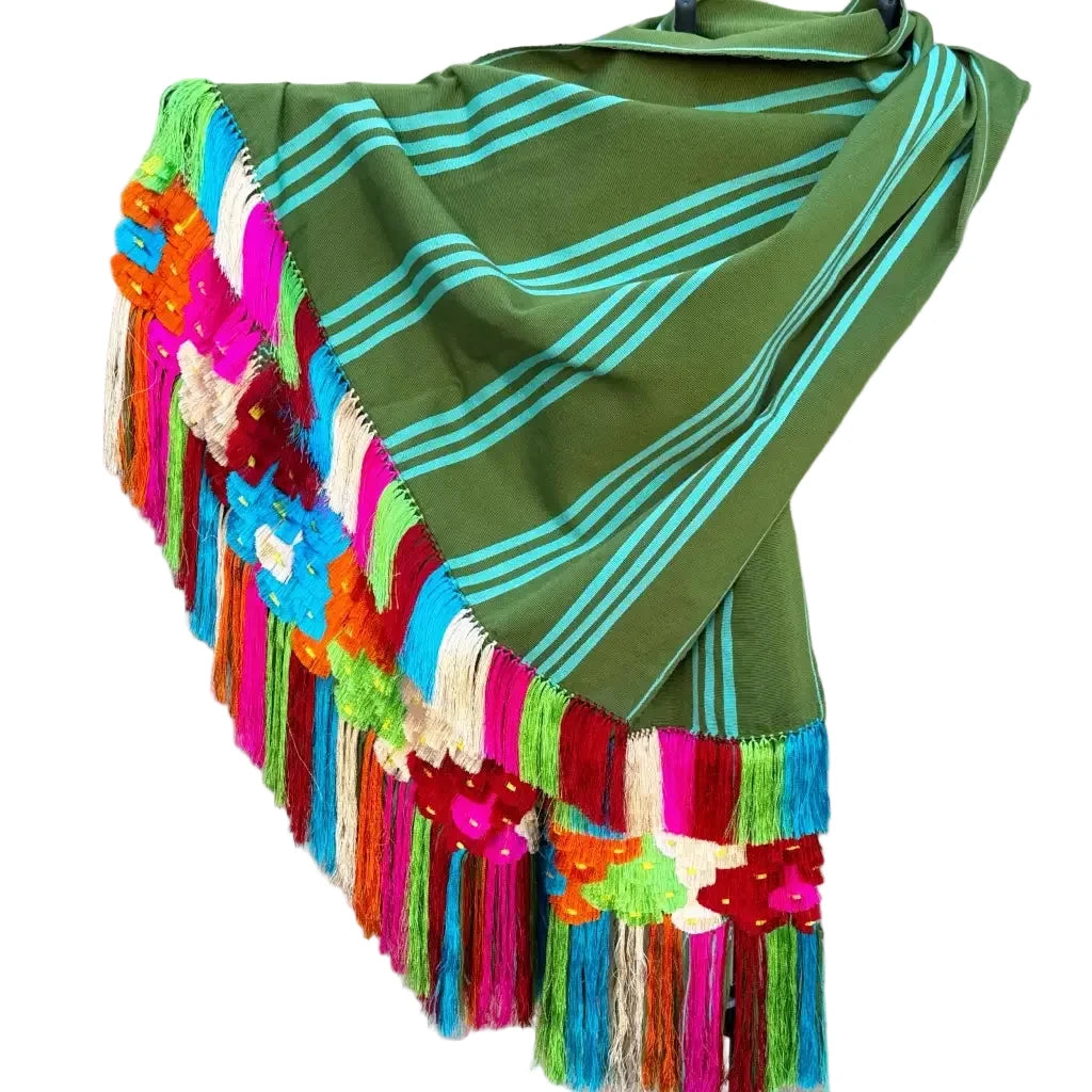 Purepecha Rebozo Shawl Green Multi-Color Stripes, Handwoven