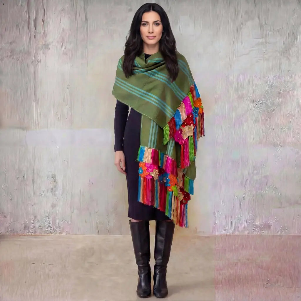 Purepecha Rebozo Shawl Green Multi-Color Stripes, Handwoven