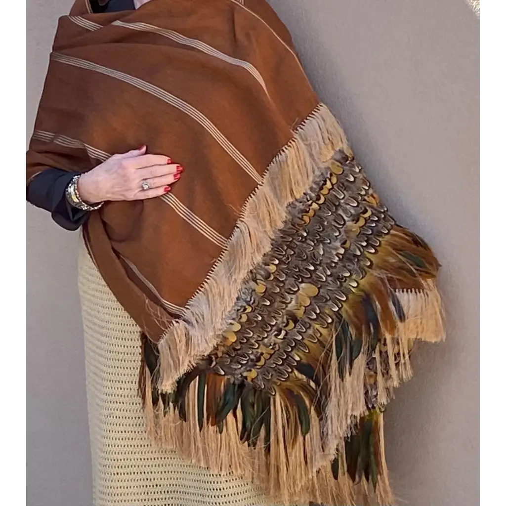 Purepecha rebozo with fringe and feathers - Shawl