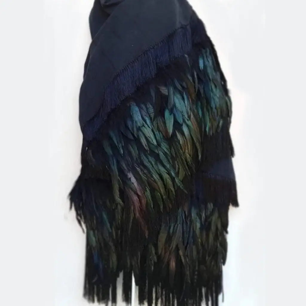 Purepecha rebozo with fringe and feathers - Shawl