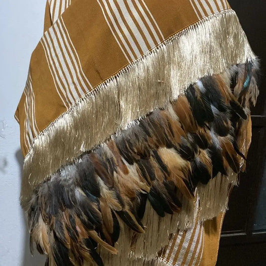 Purepecha rebozo with fringe and feathers - Shawl