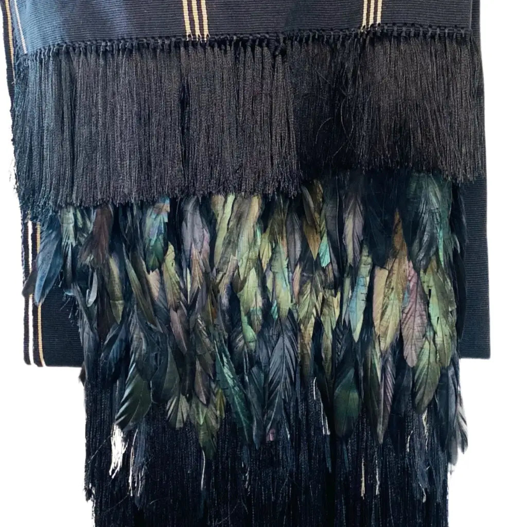 Purepecha rebozo with fringe and feathers - Shawl