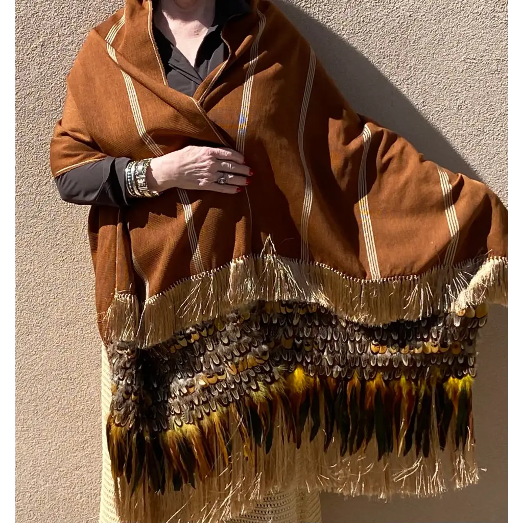 Purepecha rebozo with fringe and feathers - Shawl