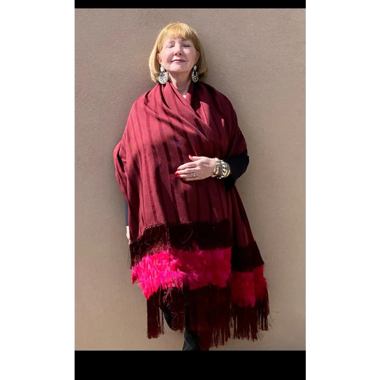 Purepecha rebozo with fringe and feathers - Shawl